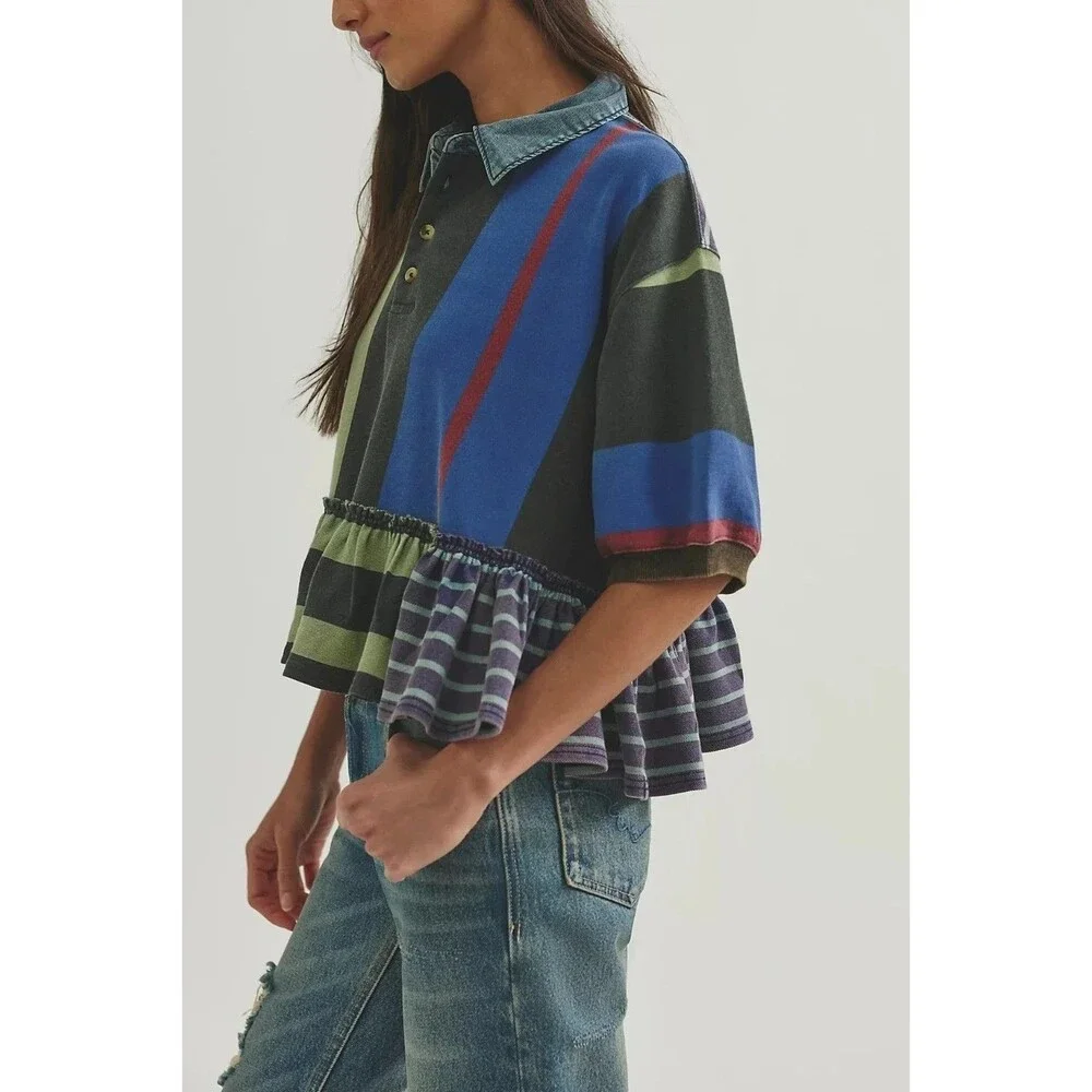 Free People Harbor Stripe Blouse Top Short Sleeves Print Ruffle Cotton S 290010